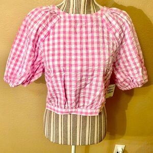 NWT Crop Top Large BP 100% Cotton Pink White Gingham Puff Sleeves Open Back Ties